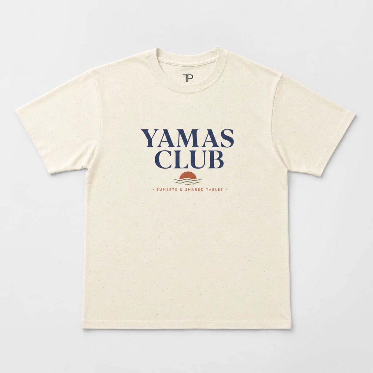 Beige t-shirt with 'Yamas Club' text and logo on a white background