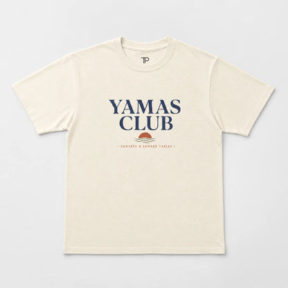 Beige t-shirt with 'Yamas Club' text and logo on a white background