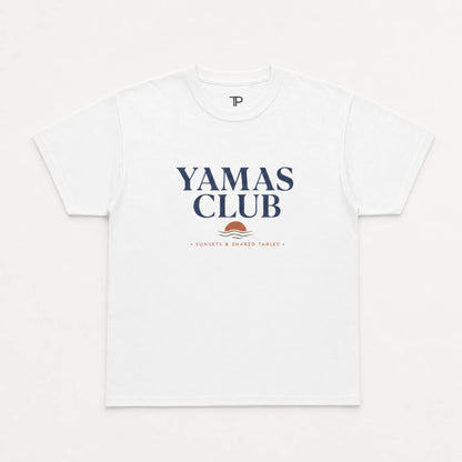 White t-shirt with 'Yamas Club' text and logo on a white background